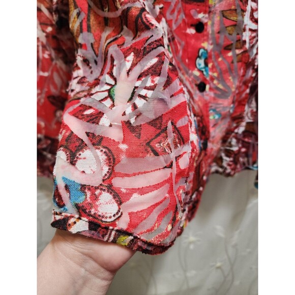 Chicos Women 3 Red Shaket Button Sheer Burnout Floral Long Sleeve Abstract Artsy - Picture 6 of 12